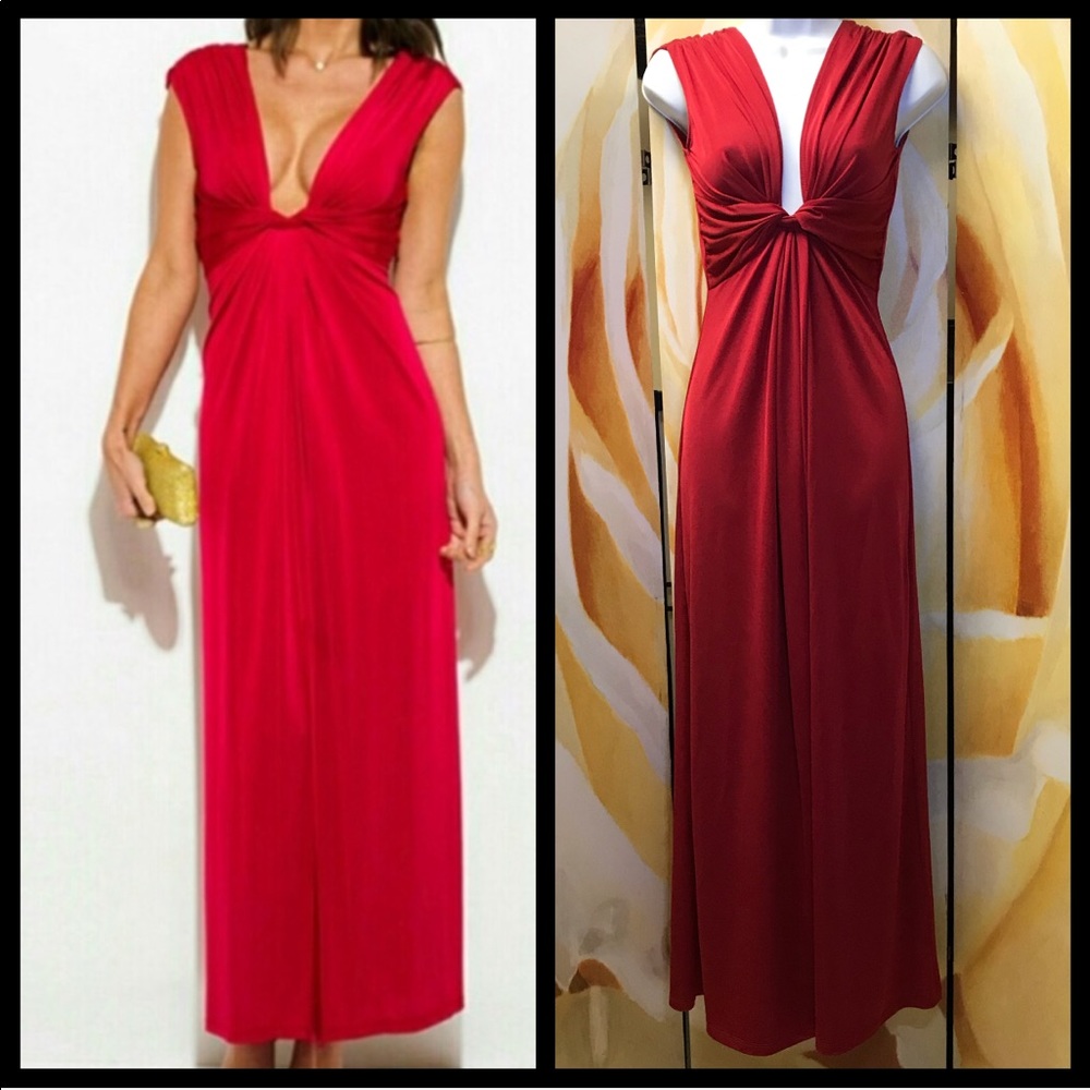 Plunging neck line red maxi dress